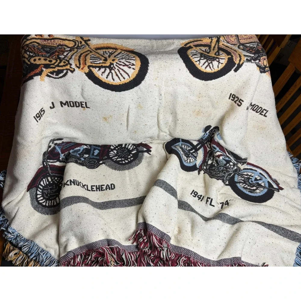 Vintage Harley-Davidson Woven Tapestry Throw Blanket-Motorcycle History Fringe